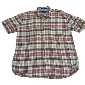 TOMMY HILFIGER Men's Linen Blend Button-Down Large Multi-Color Plaid